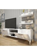 Rani Mobilya Rani A4 Duvar Raflı Tv Sehpası Kitaplıklı Tv Ünitesi Modern Ayaklı Tasarım 150 Cm Beyaz