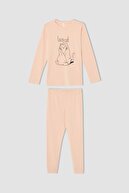 Defacto Kız Çocuk Kedi Baskılı Pamuklu Uzun Kollu Pijama Takım