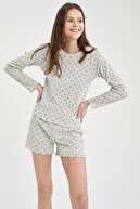 Defacto Kadın Gri Puantiye Desenli Uzun Kollu Üst Şort Pijama Takımı U0200AZ21SP