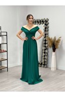 giyimmasalı Kayık Yaka Kiloş Elbise - Zümrüt Yeşil