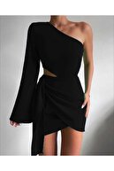 Secret Passion Lingerie Esnek Siyah Krep Kumaş Geometrik Tek Kol Mini Elbise Abiye Elbise 581975 649