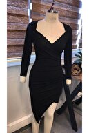 Secret Passion Lingerie Siyah Esnek Kumaş Kruvaze Yaka Asimetrik Etek Detaylı Uzun Kollu Mini Elbise Abiye Elbise 582001 658