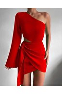 Secret Passion Lingerie Esnek Kırmızı Krep Kumaş Geometrik Tek Kol Mini Elbise Abiye Elbise 581975 649