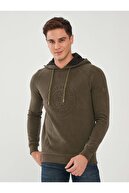 Mcl Giyim Erkek Haki Kapüşonlu Baskılı Pamuklu Büyük Beden Sweatshirt