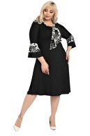 HERAXL Kadın Siyah Kravatlı Palmiye Desen Detaylı Midi Elbise