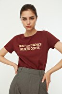 TRENDYOLMİLLA Kahverengi Baskılı Basic Örme T-Shirt TWOSS20TS0267