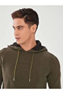 Mcl Giyim Erkek Haki Kapüşonlu Baskılı Pamuklu Büyük Beden Sweatshirt