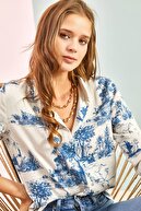 پیراهن کتانی عکس جنگلی آستین تاشو زنانه-thumb