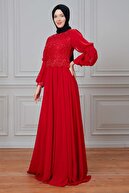 THREE'S Clara Boncuk Işlemeli Abiye Elbise 595 Kırmızı