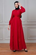 THREE'S Plise Ve Fırfır Detaylı Abiye Elbise 573-kırmızı