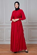 THREE'S Plise Ve Fırfır Detaylı Abiye Elbise 573-kırmızı