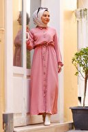 Bestenur Kadın Pudra Boydan Düğmeli Ayrobin Kumaş Elbise