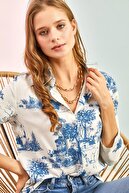 پیراهن کتانی عکس جنگلی آستین تاشو زنانه-thumb