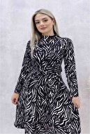 bayansepeti Esnek Kumaş Kemer Detaylı Uzun Kollu Zebra Desenli Midi Elbise Dks-021