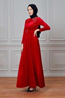 PHELDA Lenora Boncuk İşlemeli Kadife Elbise 698 Kırmızı