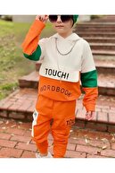 Touch Erkek Çocuk Trend Ürün Turuncu-beyaz Renk Likralı 2 Iplik Compak Kumaş Alt Üst 3'lü Eşofman Takımı