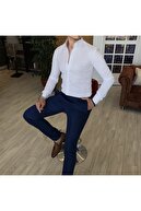TerziAdemAltun Erkek Beyaz Italyan Stil Slim Fit Dik Yaka Saten Gömlek T4754