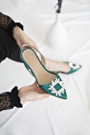 Straswans Kadın Yeşil Loden Topuklu Taş Detay Saten Sandalet