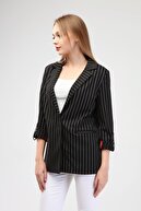 REMILA Siyah Katlanabilir Kollu Çizgili Blazer Kadın Ceket Tc0011