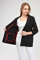 REMILA Siyah Katlanabilir Kollu Çizgili Blazer Kadın Ceket Tc0011
