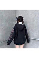 Köstebek Harajuku Kawaii Pastel Gothic Siyah (UNİSEX) Fermuarlı Kapşonlu
