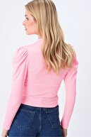 Trend Alaçatı Stili Kadın Pembe Prenses Kol Yarım Balıkçı Şardonlu Crop Bluz ALC-X5042