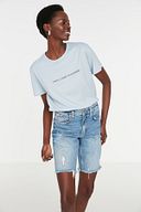 Mavi Baskılı Semi-Fitted Örme T-Shirt