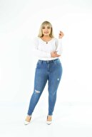CEDY DENIM Kadın Mavi Yırtıklı Yüksek Bel Skinny Fit Jeans Büyük Beden Kot Pantolon C597
