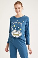 Defacto Kadın Mavi Snoopy Lisanslı Uzun Kollu Pijama Takımı T0995AZ20WN