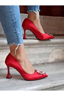 DS AYAKKABI Kadın Kırmızı Renk Güneş Taş  Topuklu Ayakkabı 9 cm