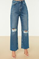 TRENDYOLMİLLA Koyu Mavi Yırtık Detaylı Yüksek Bel Wide Leg Jeans TWOAW21JE0539
