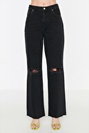 TRENDYOLMİLLA Siyah Yırtık Detaylı Yüksek Bel Wide Leg Jeans TWOAW21JE0539