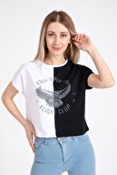 GİYSA Kadın Iki Renk Oversize Baskılı Beyaz Siyah T-shirt