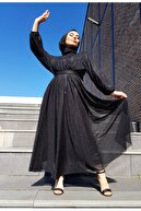 CNG MODA Simli Belden Kuşaklı Siyah Tesettür Abiye Elbise