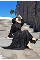 CNG MODA Simli Belden Kuşaklı Siyah Tesettür Abiye Elbise