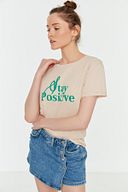 Bej Baskılı Semifitted Örme T-Shirt