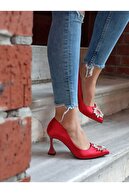 DS AYAKKABI Kadın Kırmızı Renk Güneş Taş  Topuklu Ayakkabı 9 cm