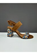 Kadsu Design Kadın Taba Mozaik Desenli Bantlı Kalın Topuklu Sandalet