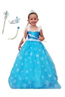 DEHAMODA Kız Çocuk Askılı Tarlatanlı Elbise Karlar Ülkesi Taç Asa Saç Mavi Elsa Elbise Elsa Kostüm
