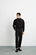 GRIMELANGE Flynn Dokuma Comfort Fit T-shirt Düz Renk Siyah Boğazlı