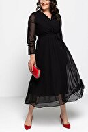 Elbise Delisi Siyah Uzun Kruvaze Yaka Şifon Büyük Beden Elbise