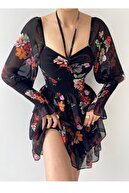 lovebox Çiçekli Astarlı Şifon Kumaş Eteği Kat Detay Kolları Gipeli Siyah Abiye Elbise Mezuniyet Elbisesi 104