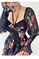 lovebox Çiçekli Astarlı Şifon Kumaş Eteği Kat Detay Kolları Gipeli Siyah Abiye Elbise Mezuniyet Elbisesi 104