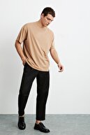 GRIMELANGE Jett Örme Oversize T-shirt Düz Renk Kahverengi Yuvarlak Yaka
