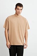 GRIMELANGE Jett Örme Oversize T-shirt Düz Renk Kahverengi Yuvarlak Yaka