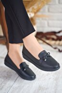modapıe Kibele Siyah Cilt Düz Fiyonklu Kadın Ortapedik Ayakkabı