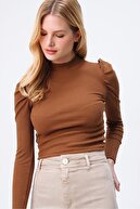 Trend Alaçatı Stili Kadın Karamel Prenses Kol Yarım Balıkçı Şardonlu Crop Bluz ALC-X5042