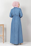 Tesettür Dünyası Kadın Açık Mavi Beli Bağcıklı Kot Elbise Tsd10470