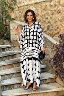 Nevin Kaya Siyah Beyaz Milano Desenli Oversize Elbise