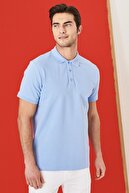 Altınyıldız Classics Erkek Açık Mavi Polo Yaka Cepsiz Slim Fit Dar Kesim %100 Pamuk Düz Tişört
